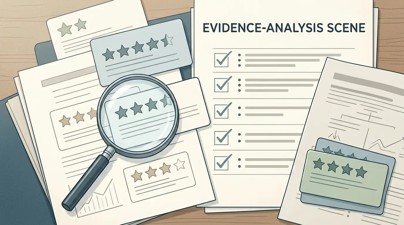 Editorial illustration of a review evidence checklist and customer feedback analysis